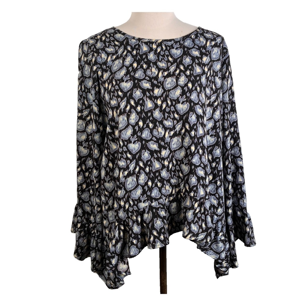 Harlowe & Graham Womens Blouse Black Sz L Polyester Flowy Ruffle Hem Bell Sleeve